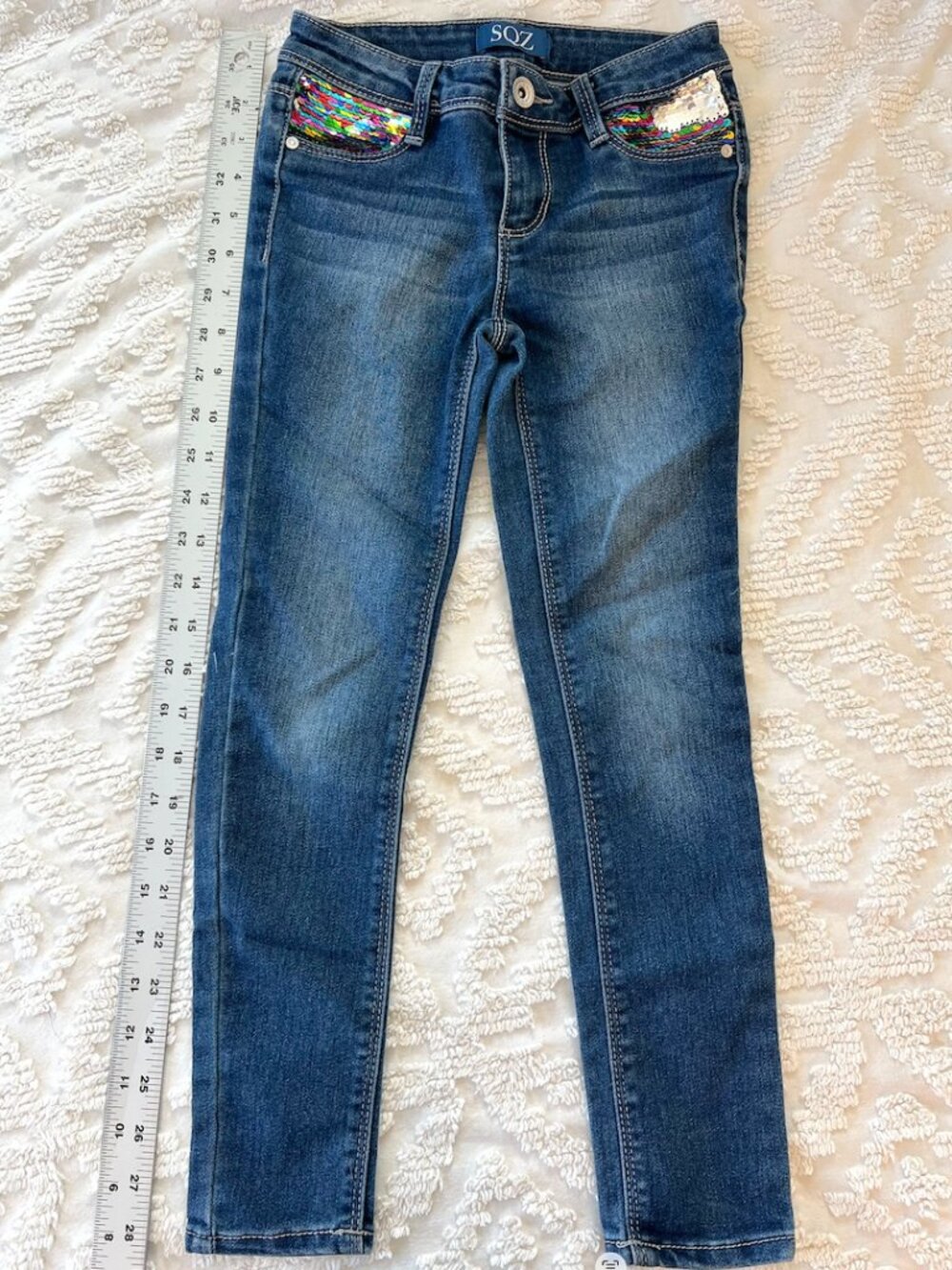 Girls Size 7 Jeans with Rainbow Flip Sequins | SQZ Skinny Jeans